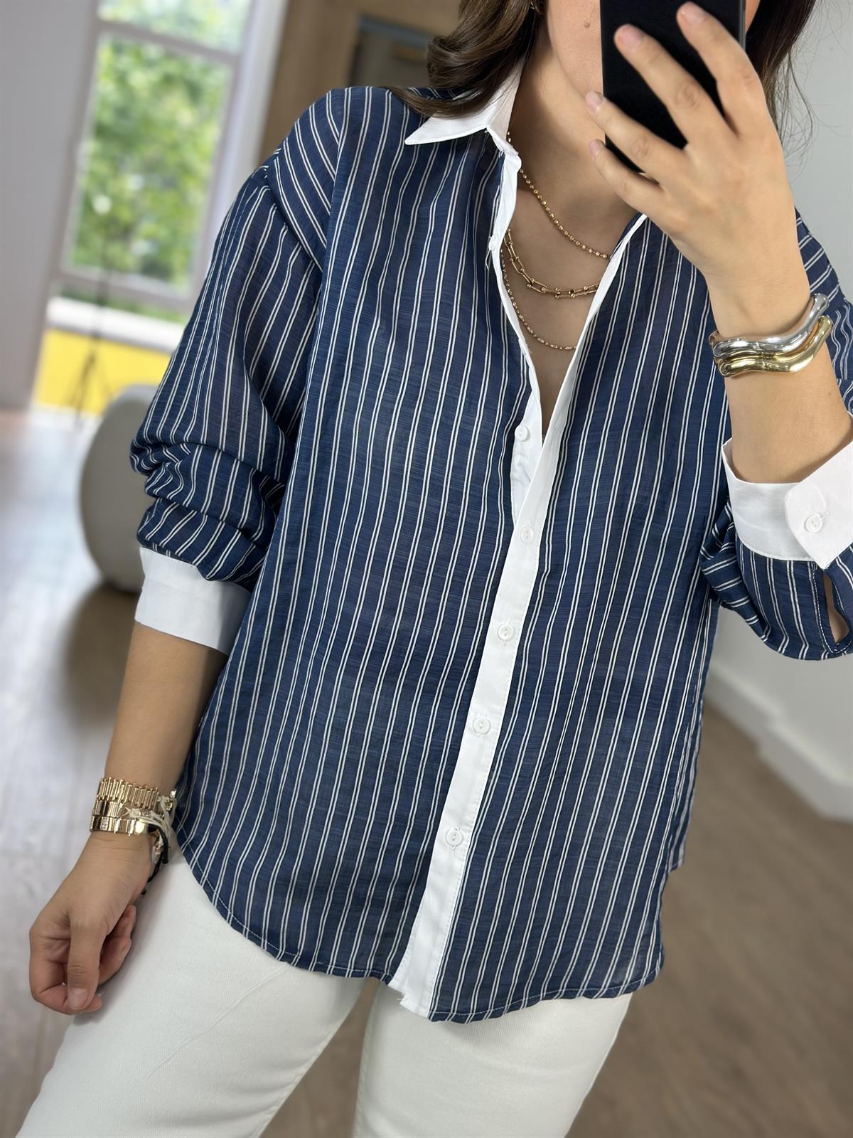Çizgili Poplin Garnili Tiril Gömlek-Lacivert