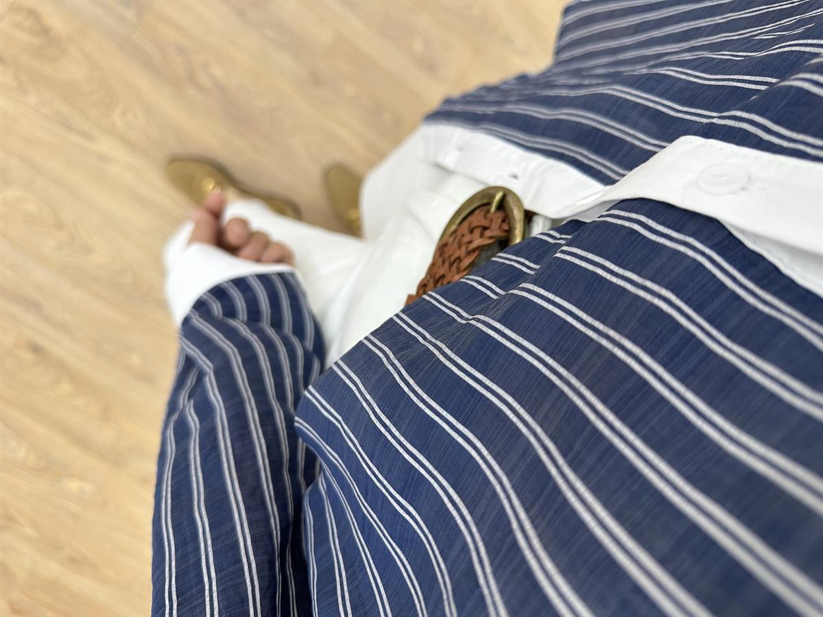 Çizgili Poplin Garnili Tiril Gömlek-Lacivert