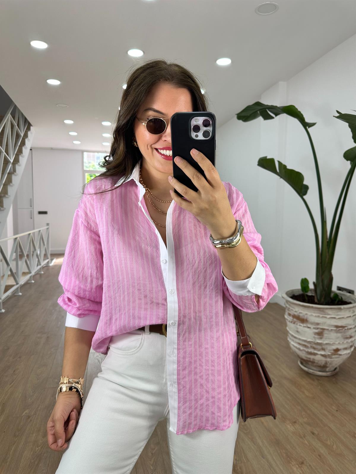 Çizgili Poplin Garnili Tiril Gömlek-Pembe