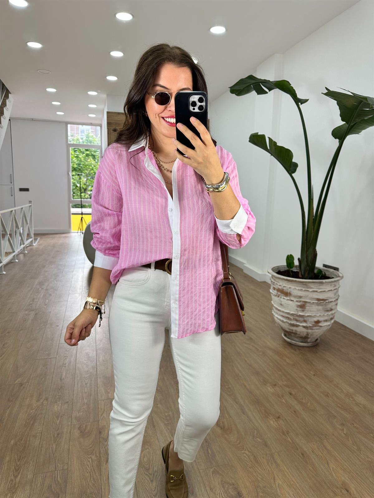 Çizgili Poplin Garnili Tiril Gömlek-Pembe