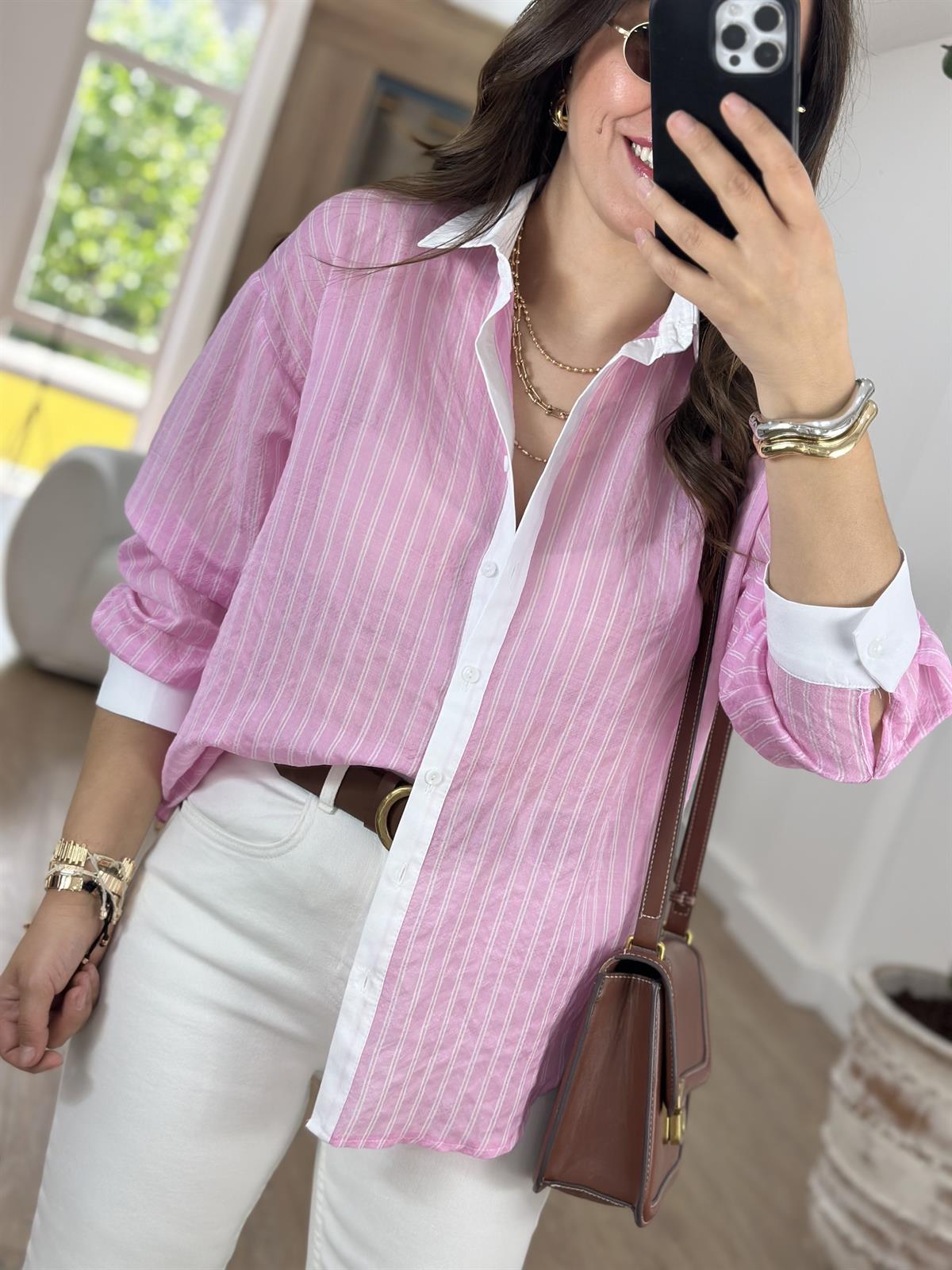 Çizgili Poplin Garnili Tiril Gömlek-Pembe