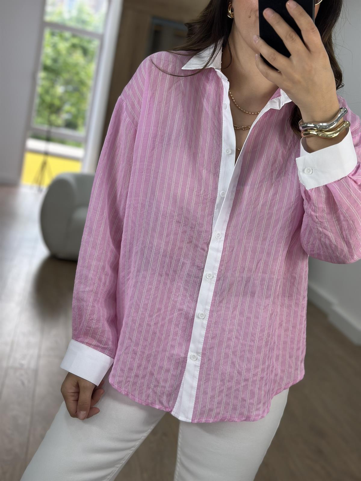 Çizgili Poplin Garnili Tiril Gömlek-Pembe