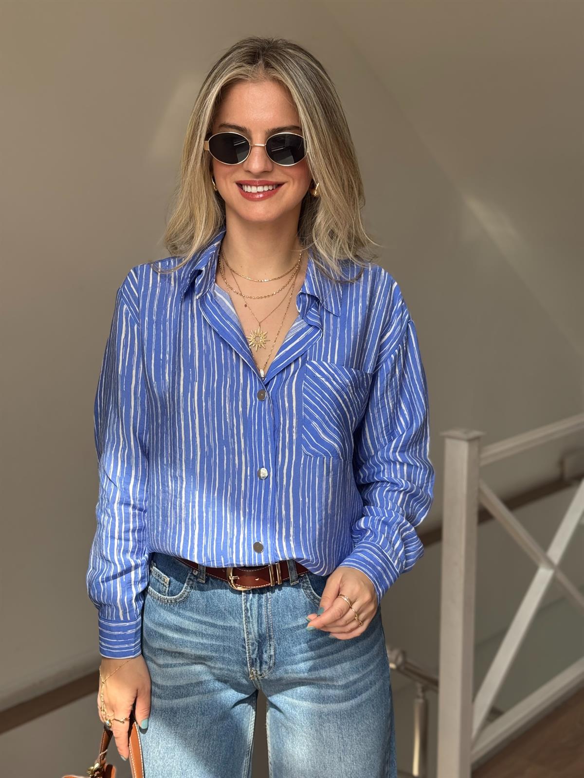 Çizgili Salaş Gömlek - Mavi