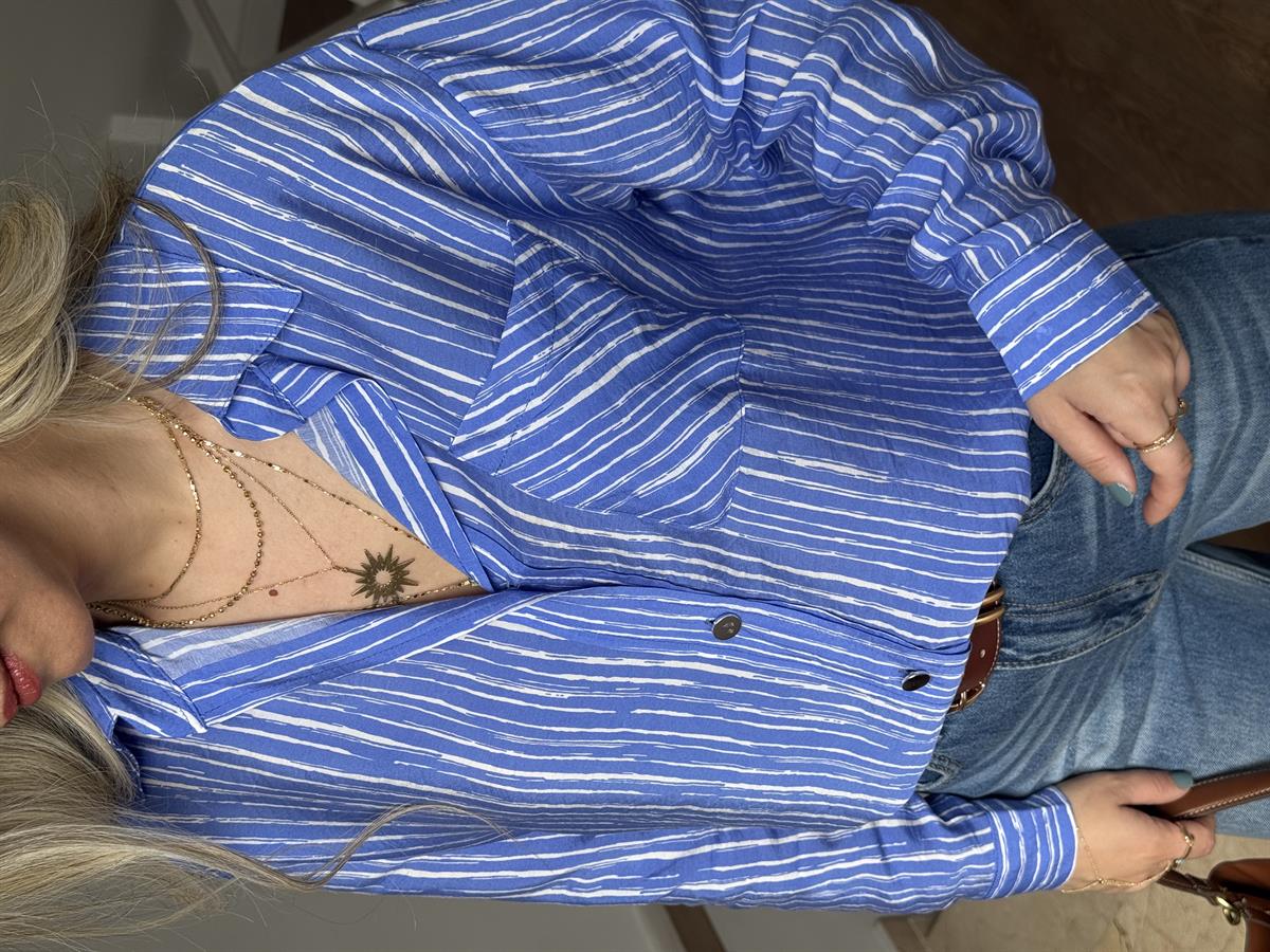 Çizgili Salaş Gömlek - Mavi