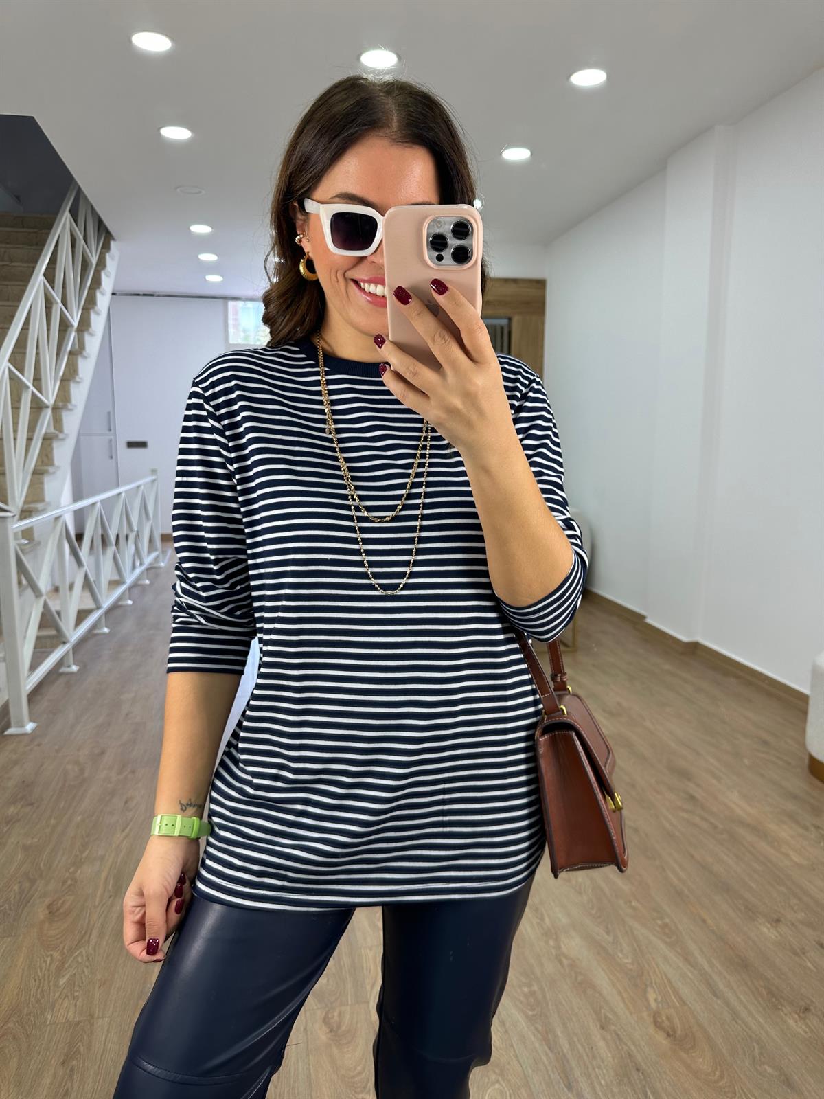 Çizgili Salaş Sweatshirt-Lacivert