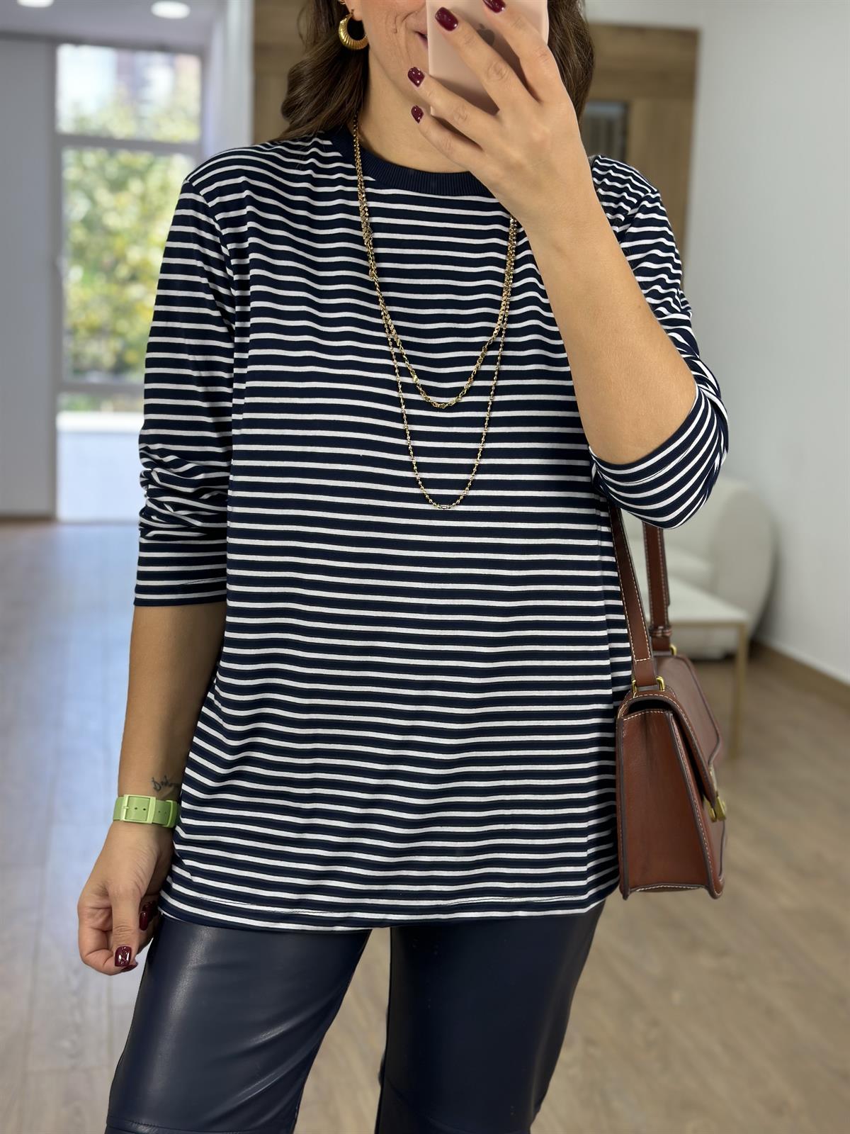 Çizgili Salaş Sweatshirt-Lacivert