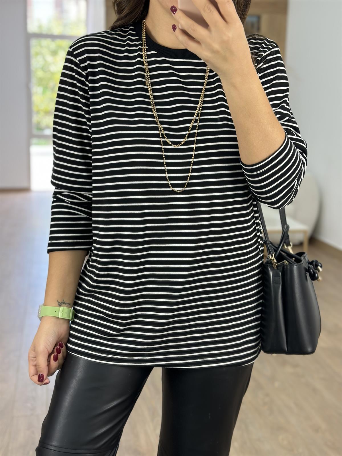 Çizgili Salaş Sweatshirt-Siyah