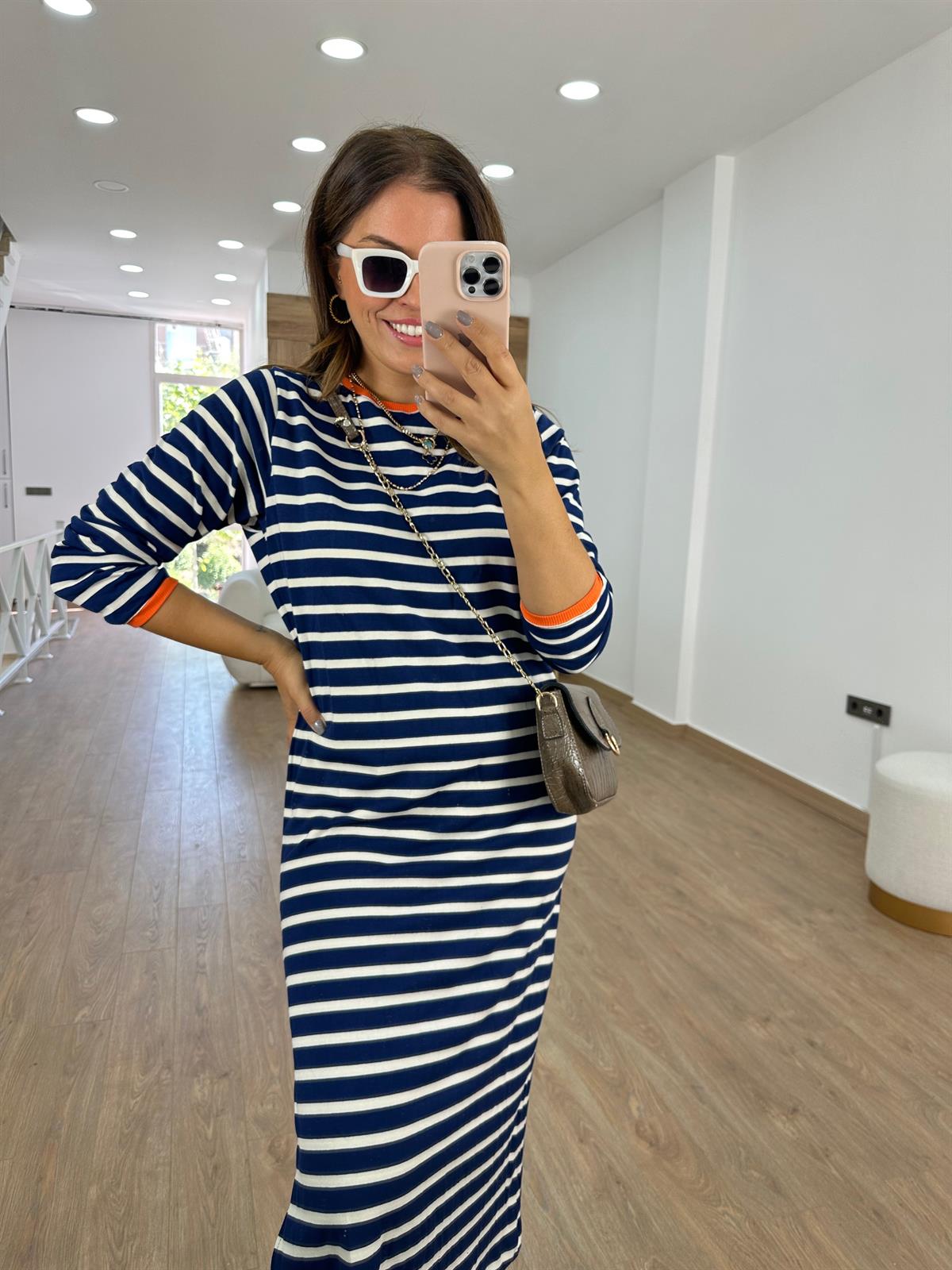 Çizgili Salaş Yırtmaçlı Elbise -Lacivert