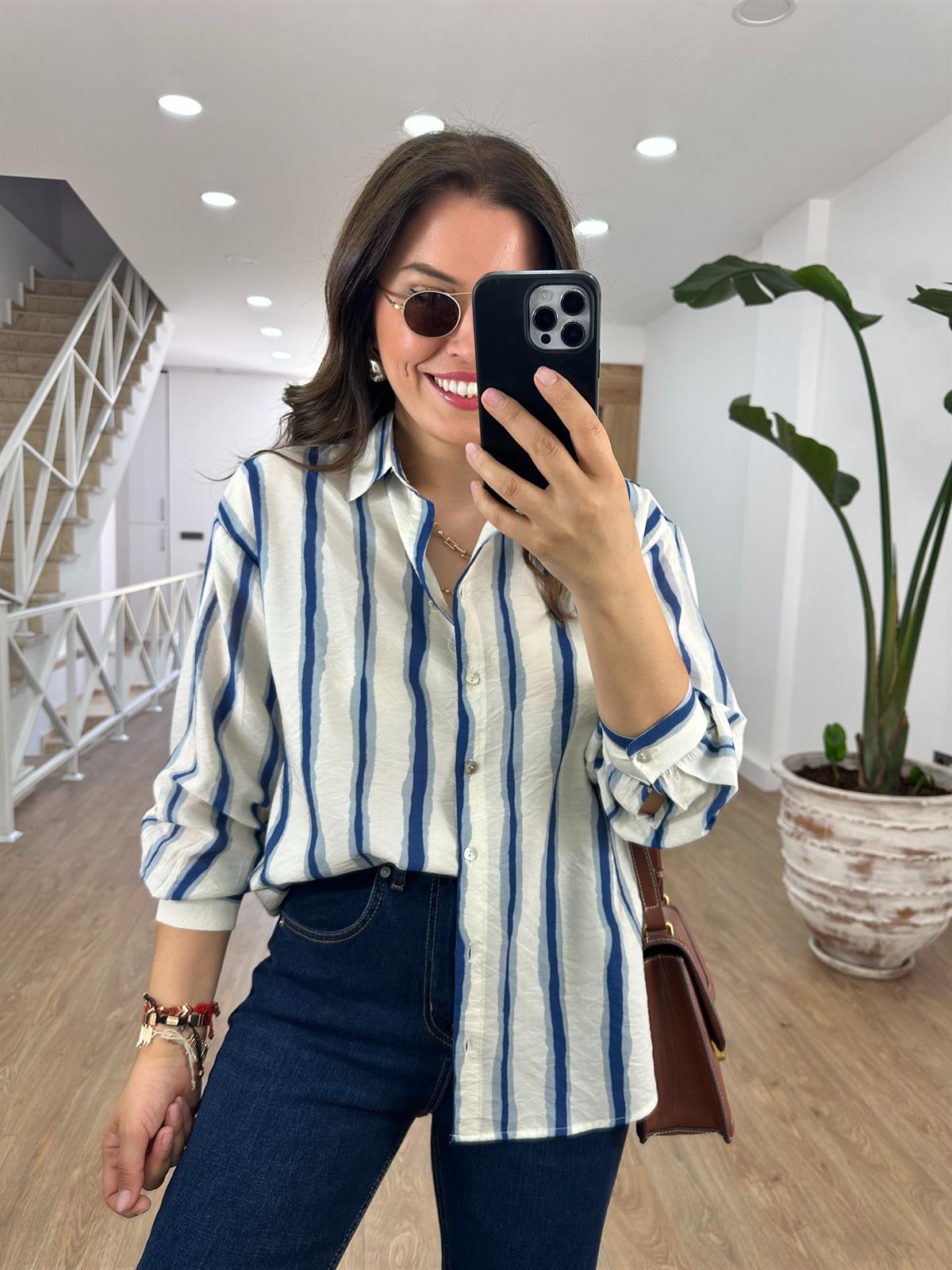 Çizgili Tencel Gömlek-Mavi