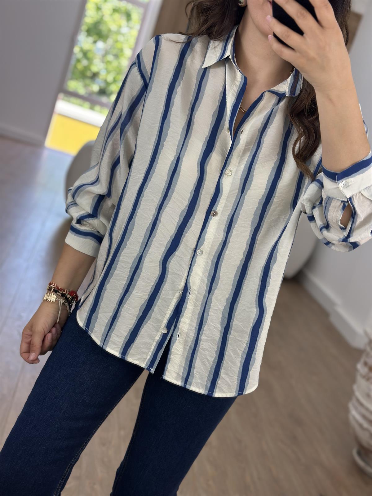 Çizgili Tencel Gömlek-Mavi