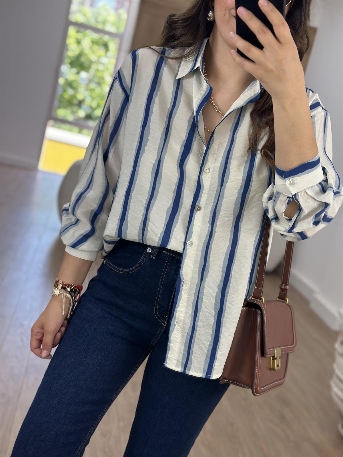 Çizgili Tencel Gömlek-Mavi