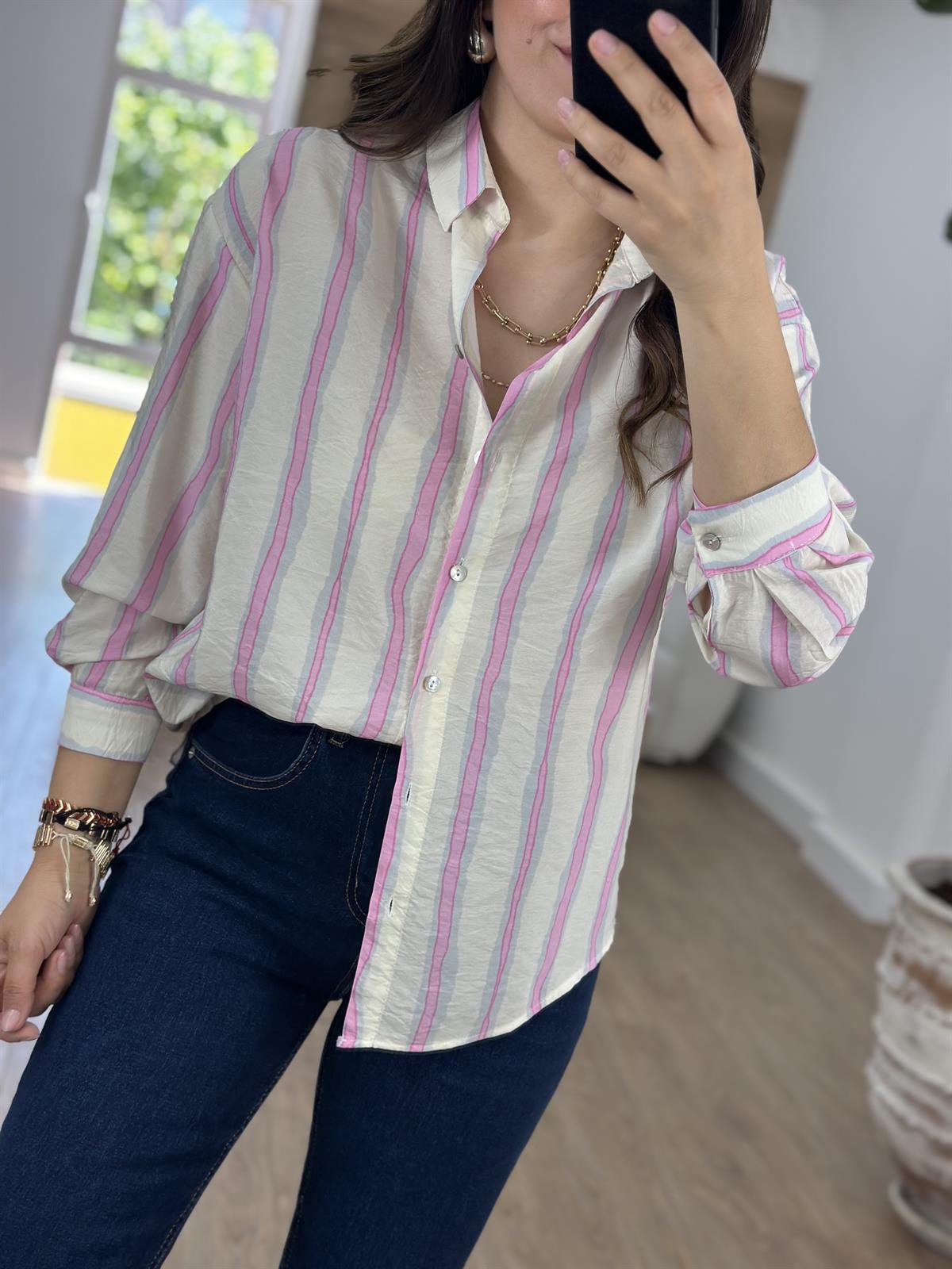 Çizgili Tencel Gömlek-Pembe
