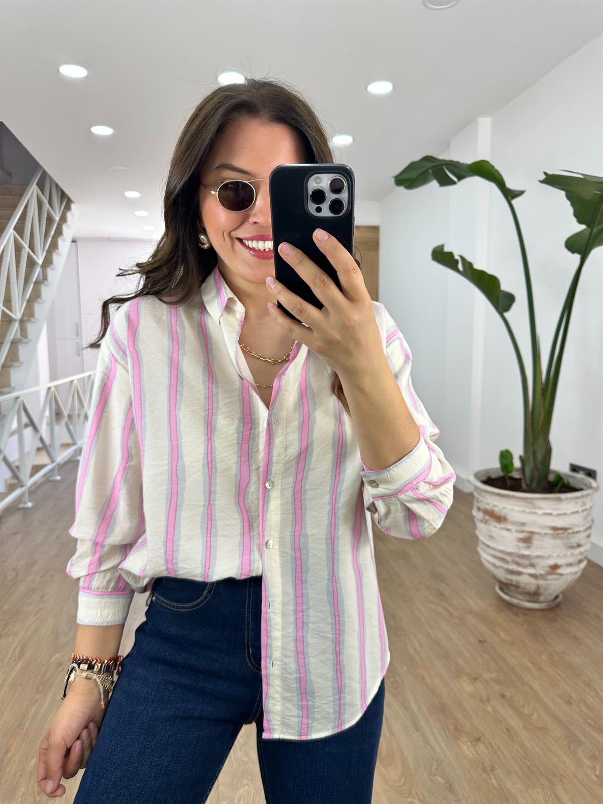 Çizgili Tencel Gömlek-Pembe