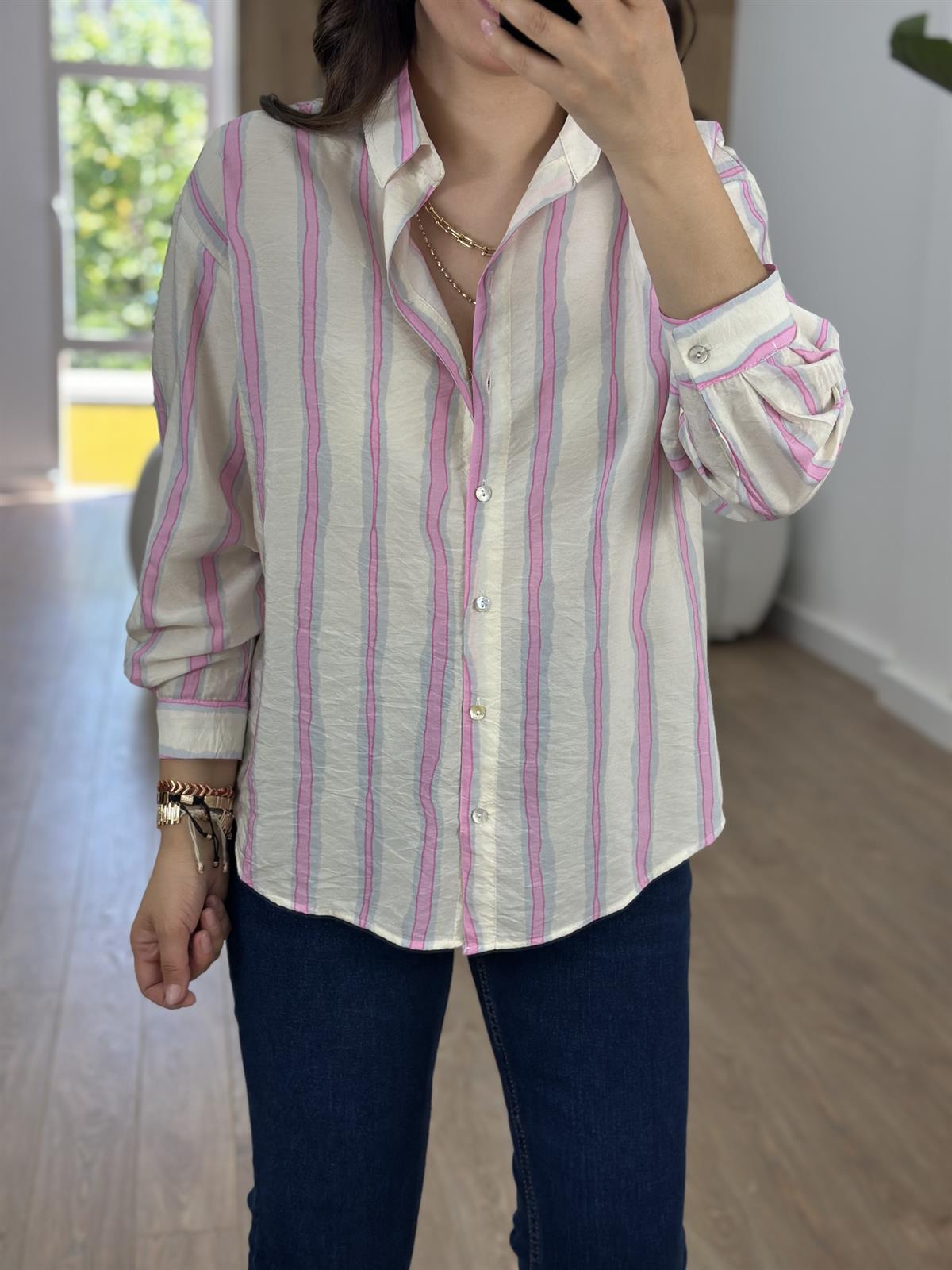 Çizgili Tencel Gömlek-Pembe
