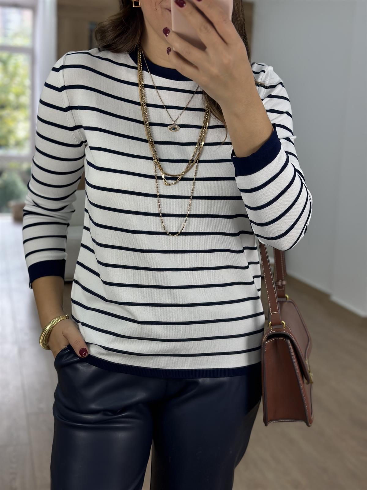 Çizgili Uzun Kollu Premium Triko--Beyaz Üzeri Lacivert