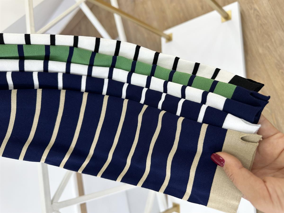 Çizgili Uzun Kollu Premium Triko--Beyaz Üzeri Lacivert