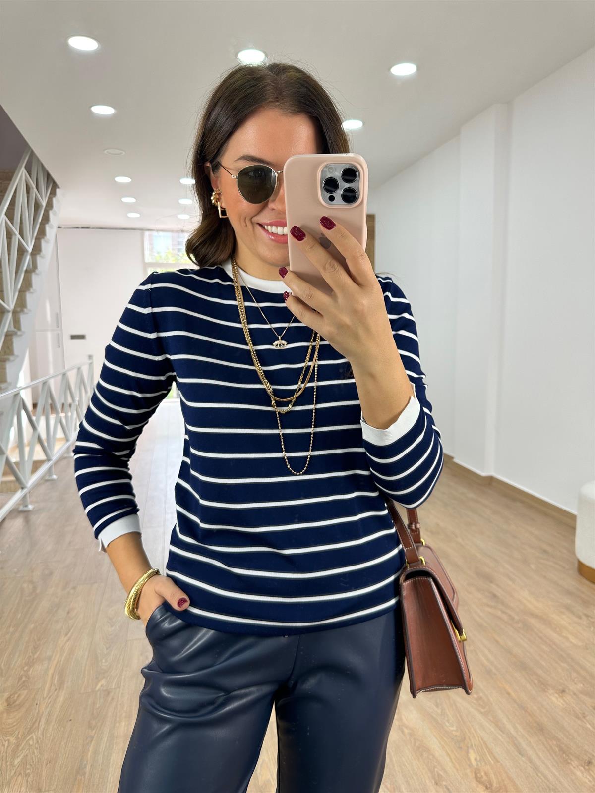 Çizgili Uzun Kollu Premium Triko-Lacivert Üzeri Beyaz