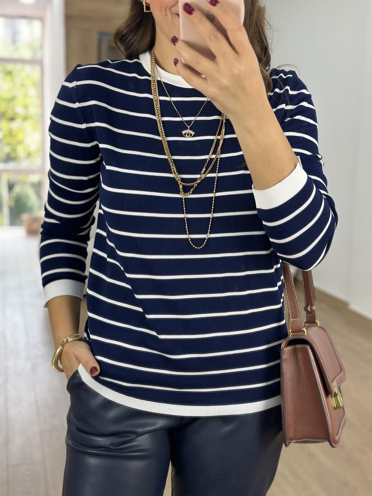 Çizgili Uzun Kollu Premium Triko-Lacivert Üzeri Beyaz