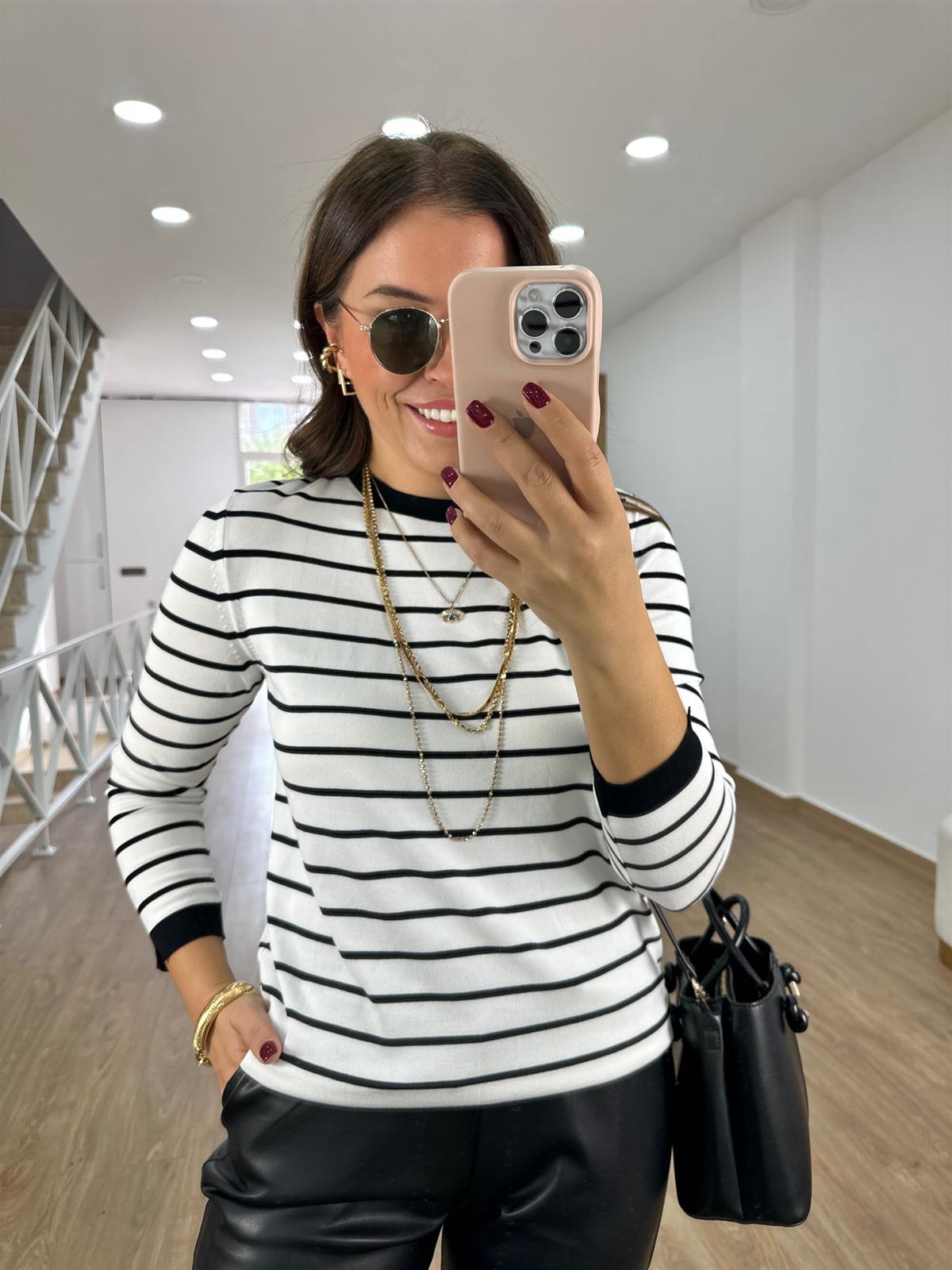 Çizgili Uzun Kollu Premium Triko--Siyah