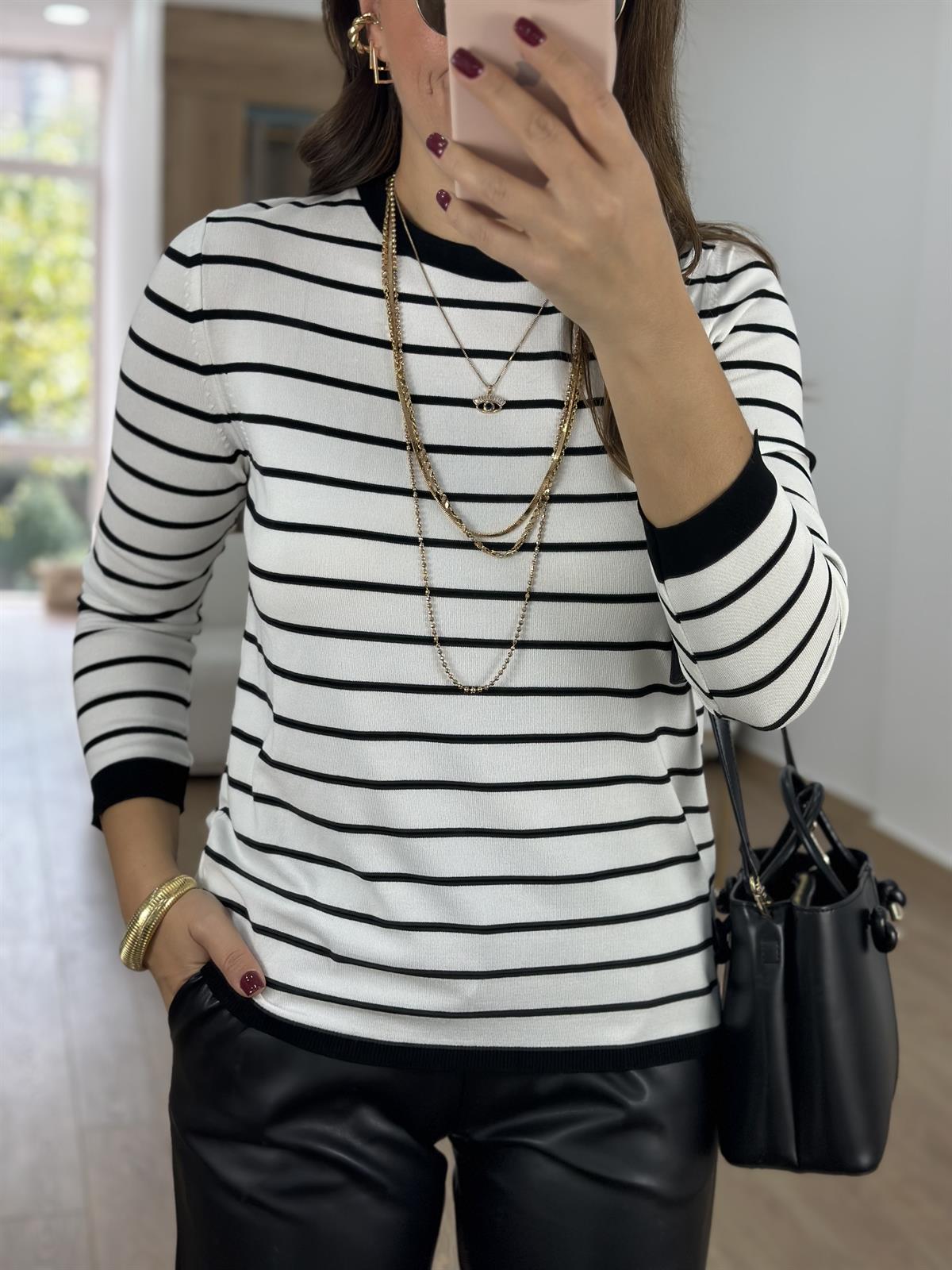 Çizgili Uzun Kollu Premium Triko--Siyah