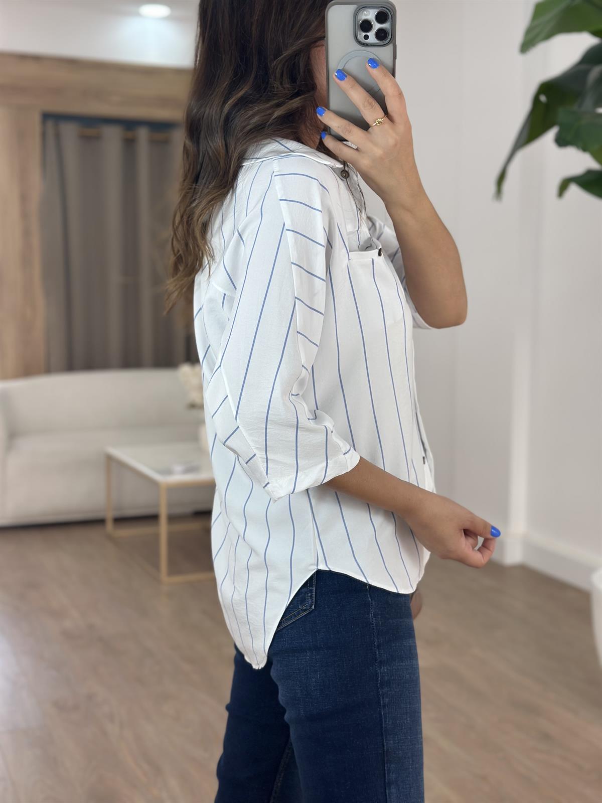 Çizgili Yarım Kol Gömlek- Mavi