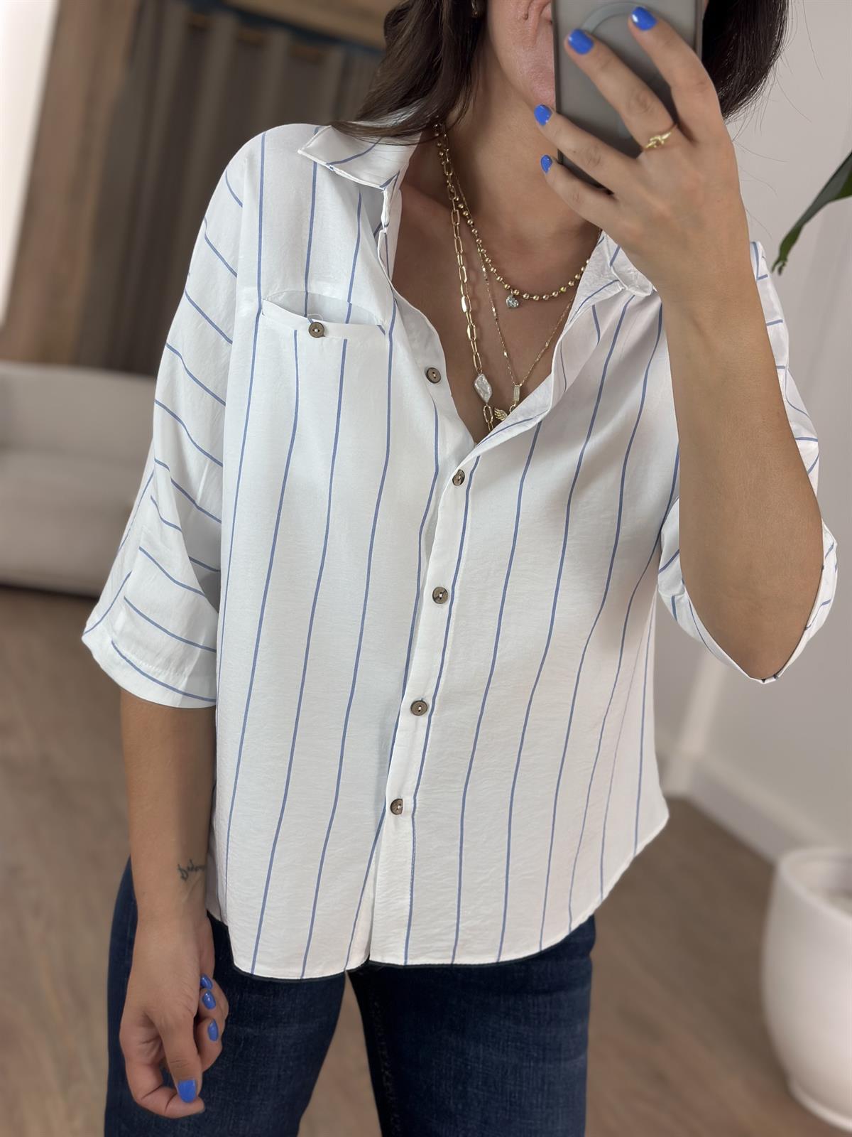 Çizgili Yarım Kol Gömlek- Mavi