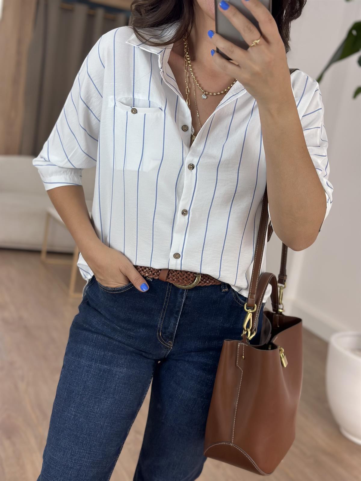 Çizgili Yarım Kol Gömlek- Mavi