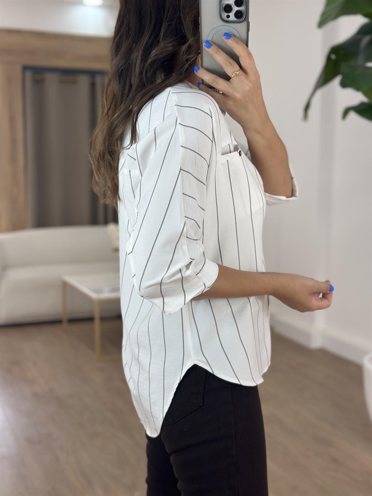 Çizgili Yarım Kol Gömlek - Vizon