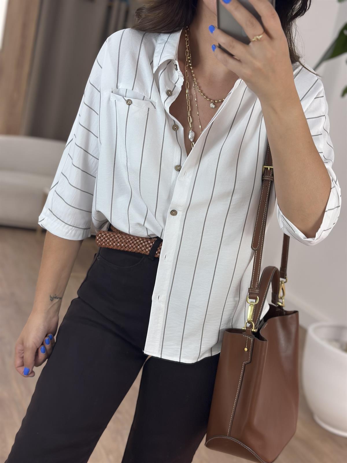 Çizgili Yarım Kol Gömlek - Vizon