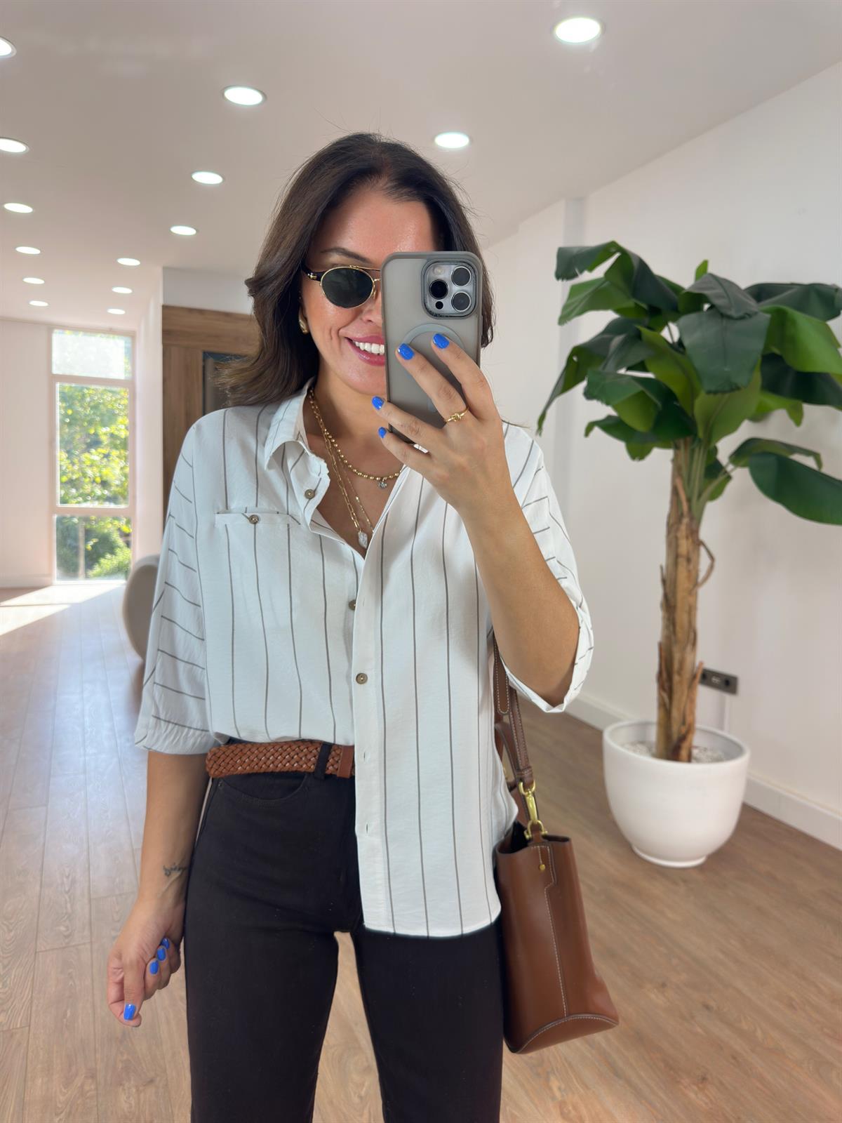 Çizgili Yarım Kol Gömlek - Vizon