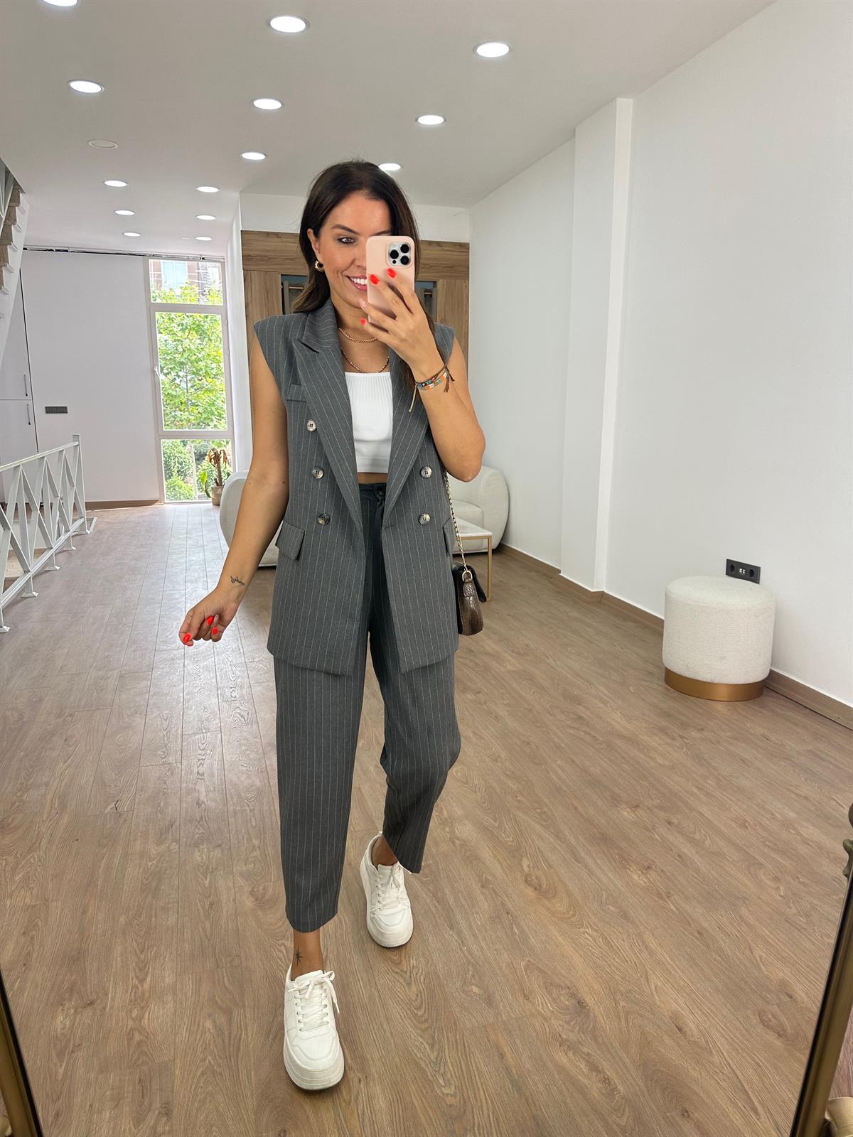 Çizgili Yelekli Takım-Antrasit