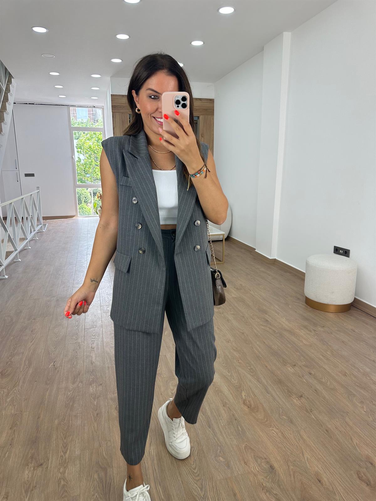 Çizgili Yelekli Takım-Antrasit