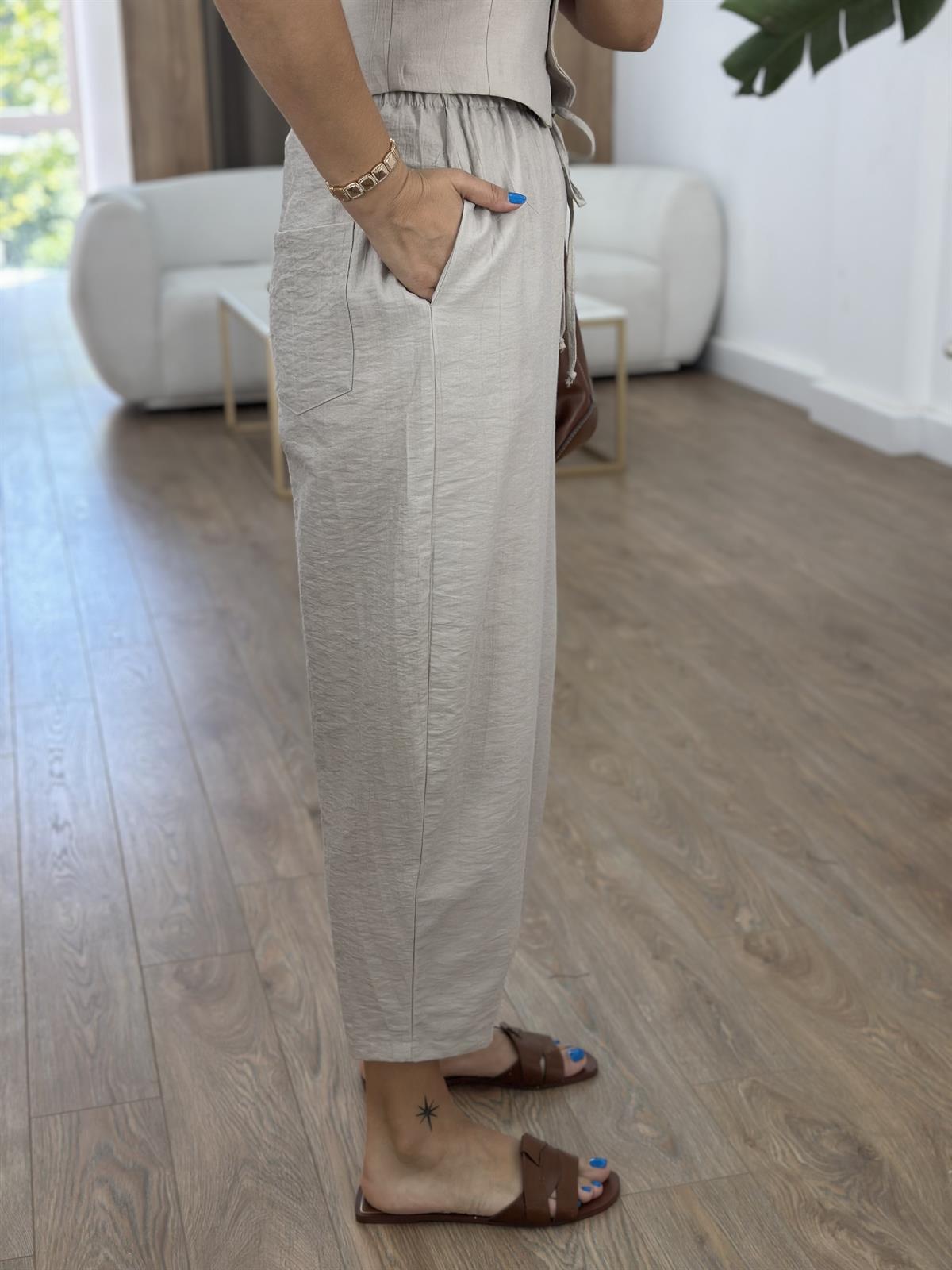 %100 Cotton Yelekli Pantolon Takım - Bej