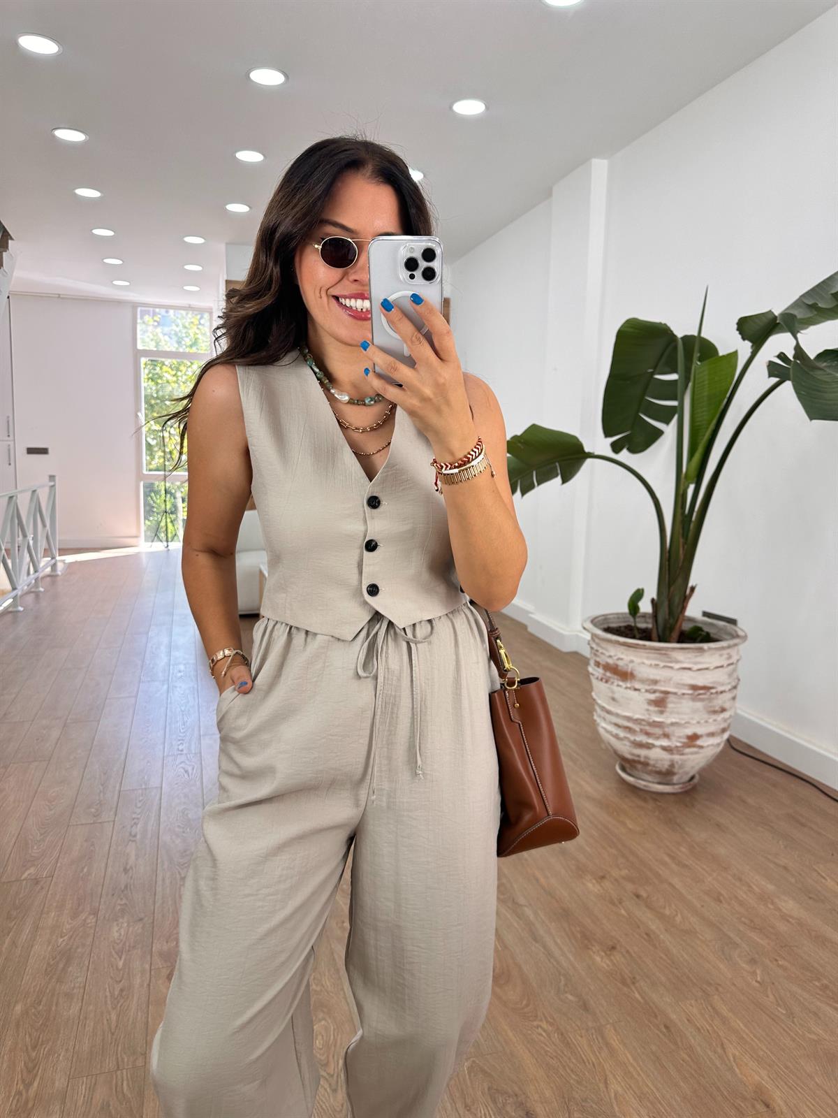 %100 Cotton Yelekli Pantolon Takım - Bej