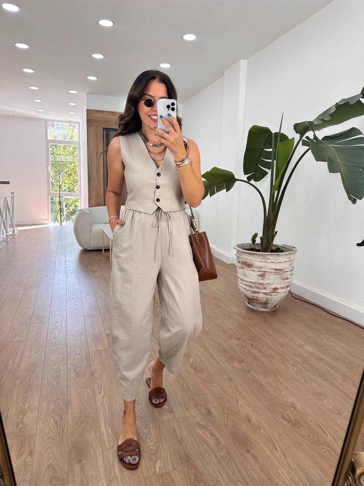 %100 Cotton Yelekli Pantolon Takım - Bej