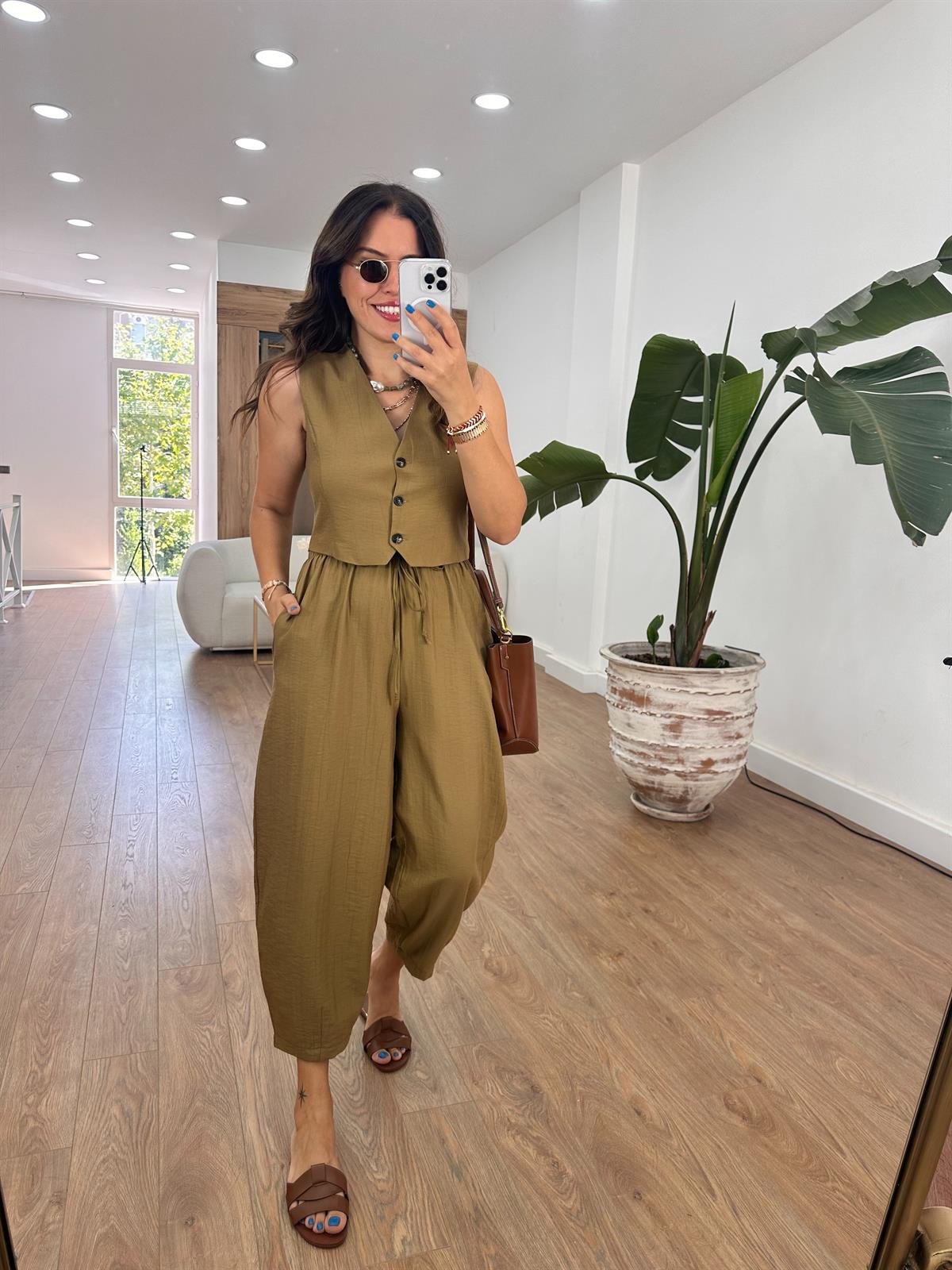 %100 Cotton Yelekli Pantolon Takım - Koyu Haki