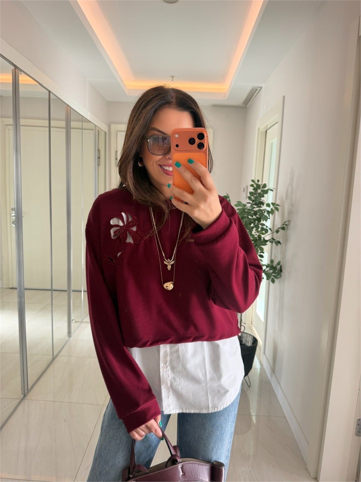 Orijinal Model Nakışlı Gömlekli Sweat - Bordo