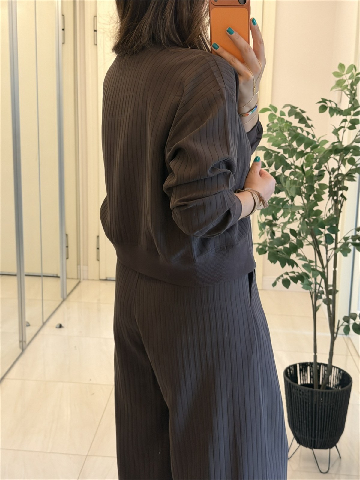 Bomber Ceketli Çizgili Premium Modal Takım - Kahve