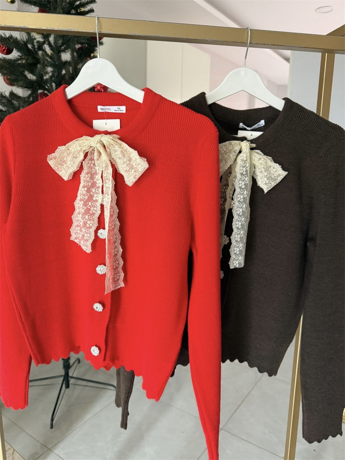 Dantel Fularlı Triko Hırka - Kırmızı