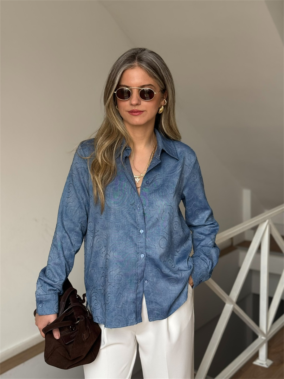 Nakış Detaylı Tensel Denim Gömlek - Mavi