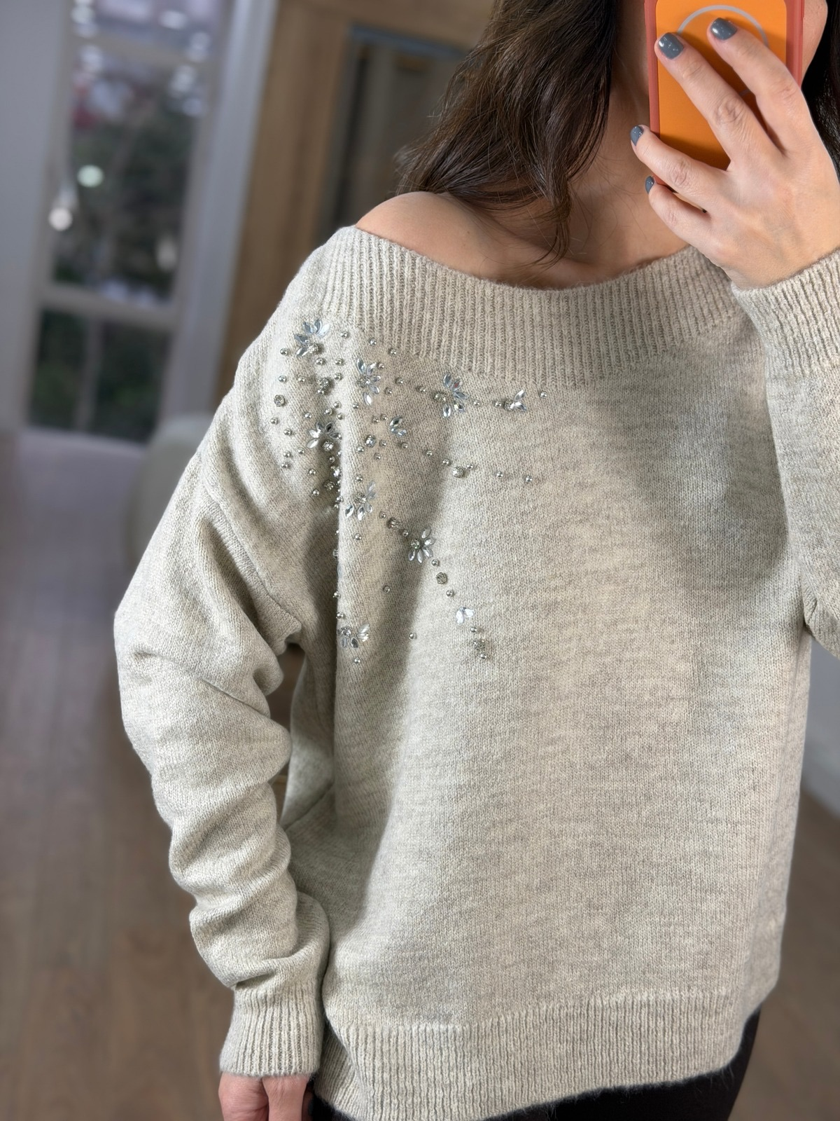 Omuzu Taşlı Triko Kazak - Açık bej