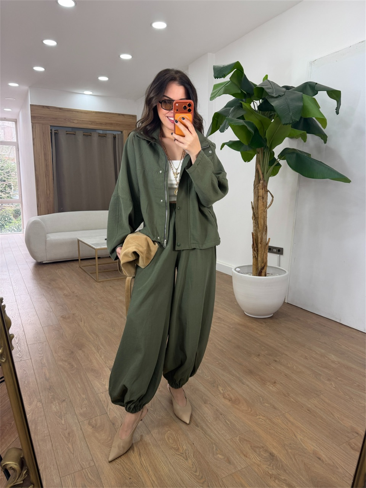 Dik Yaka Fermuarlı Premium Takım - Haki