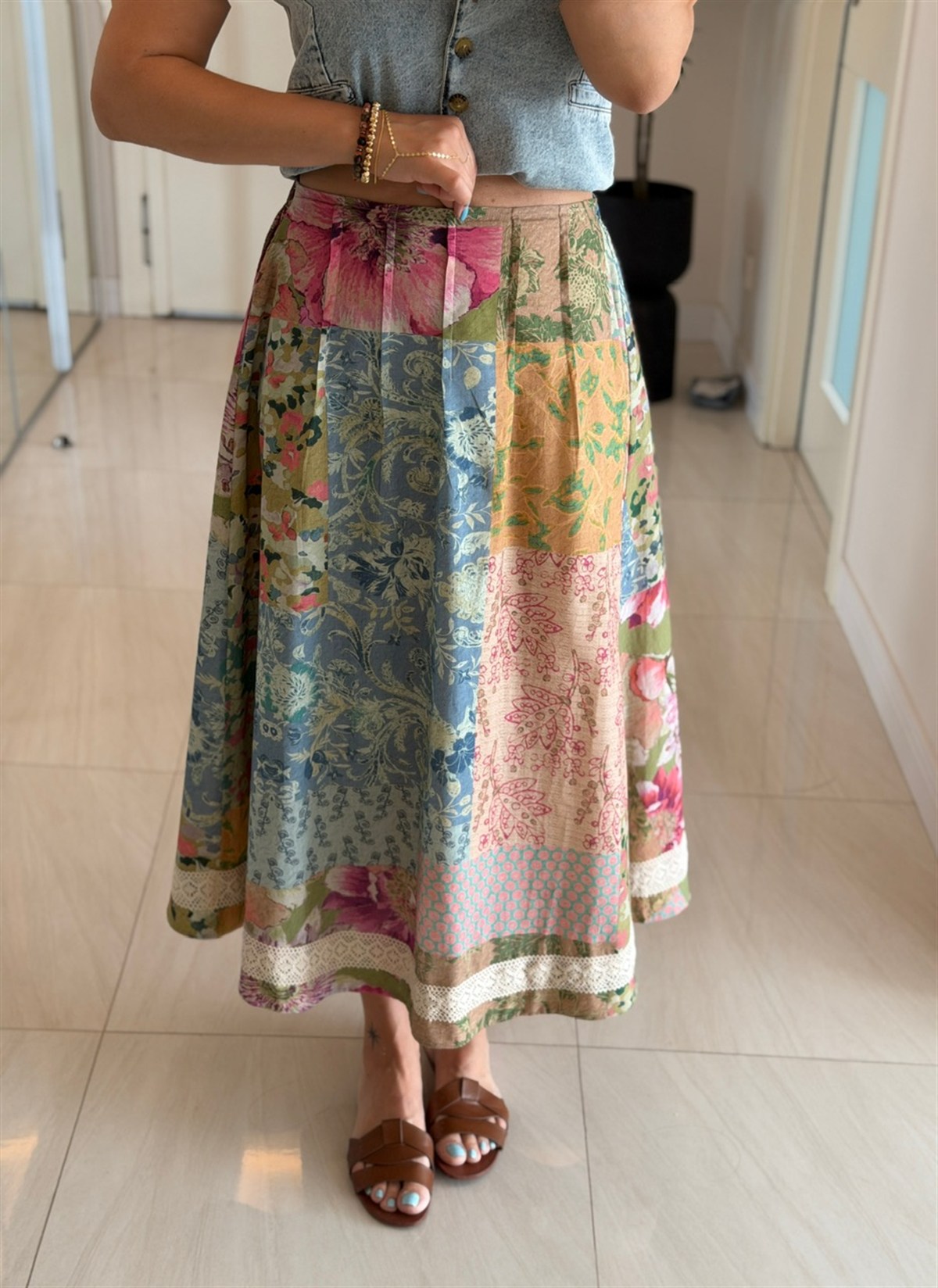 Patchwork Desen Dantel Detaylı Etek