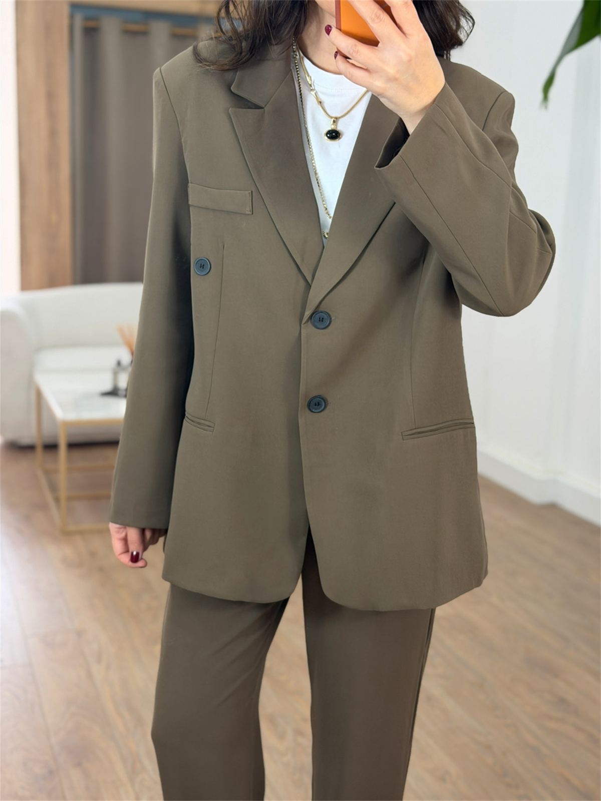 Kruvaze Yaka Beli Lastikli Pantolon Ceket Takım - Haki