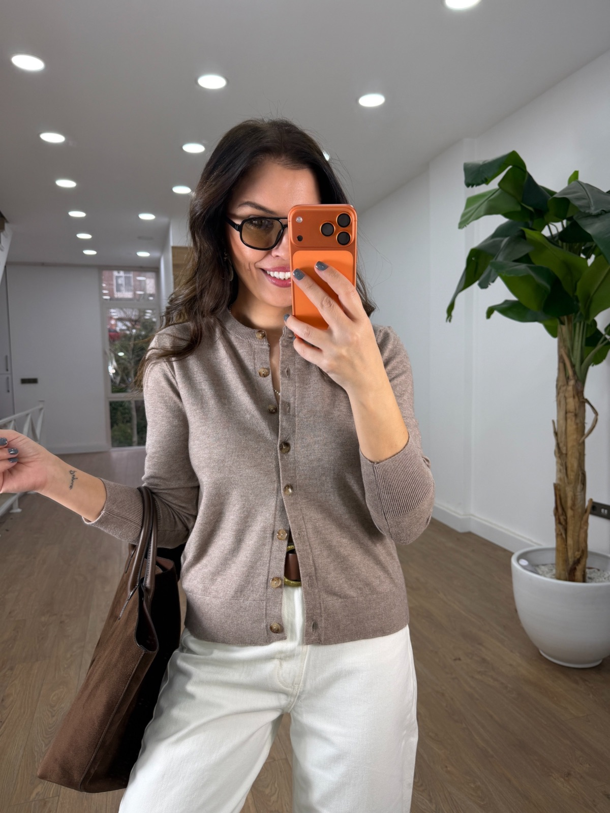 Bisiklet Yaka Düğmeli Triko Hırka - Bej