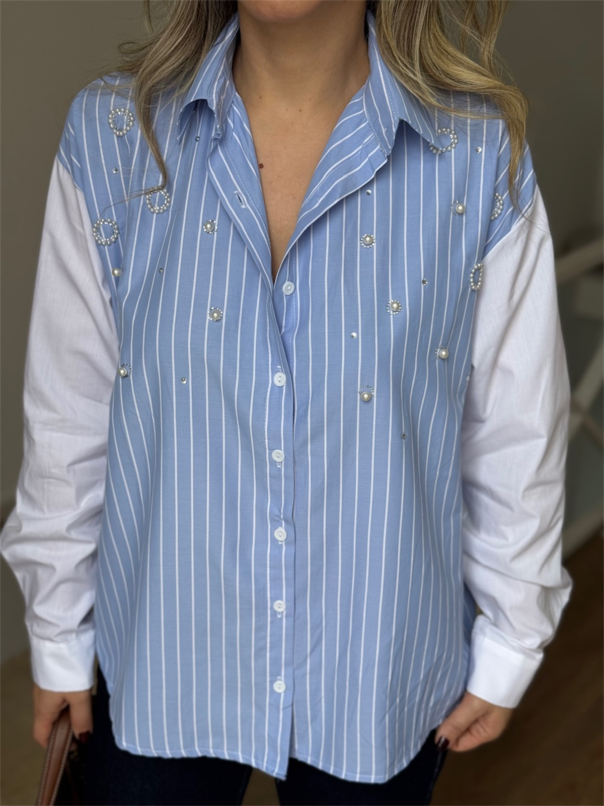 İncili Taşlı Çizgili Gömlek