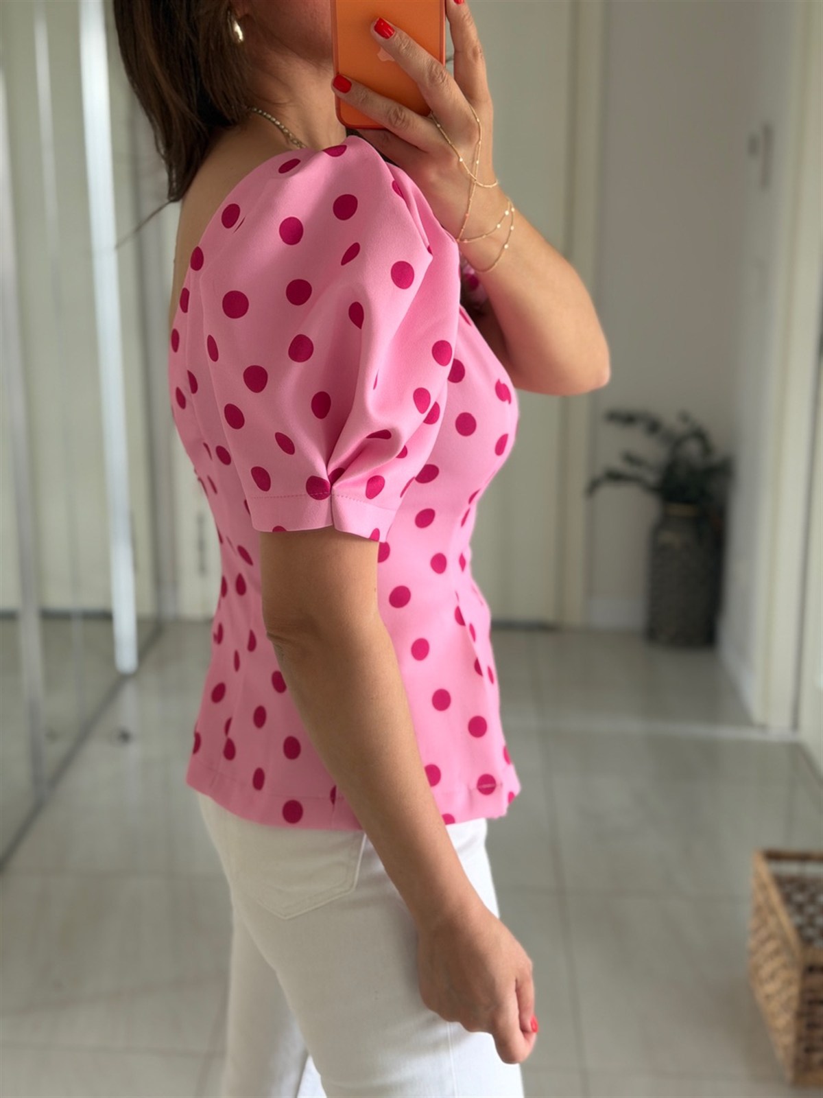 Karpuz Kol Puantiye Detay Bluz - Pembe