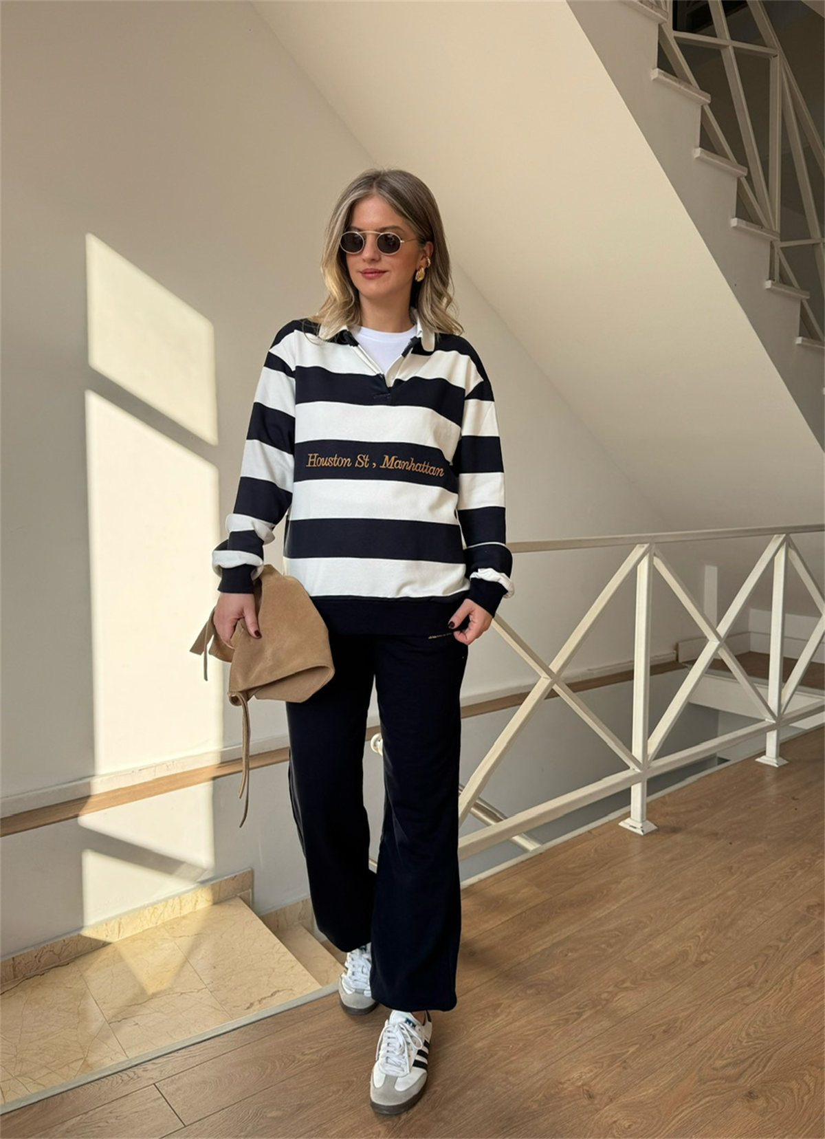 Çizgili Sweatshirt Eşofman Takım - Lacivert