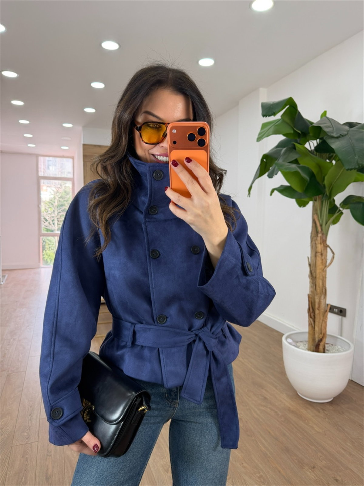 Dik Yaka Kuşaklı Süet Ceket - Lacivert 