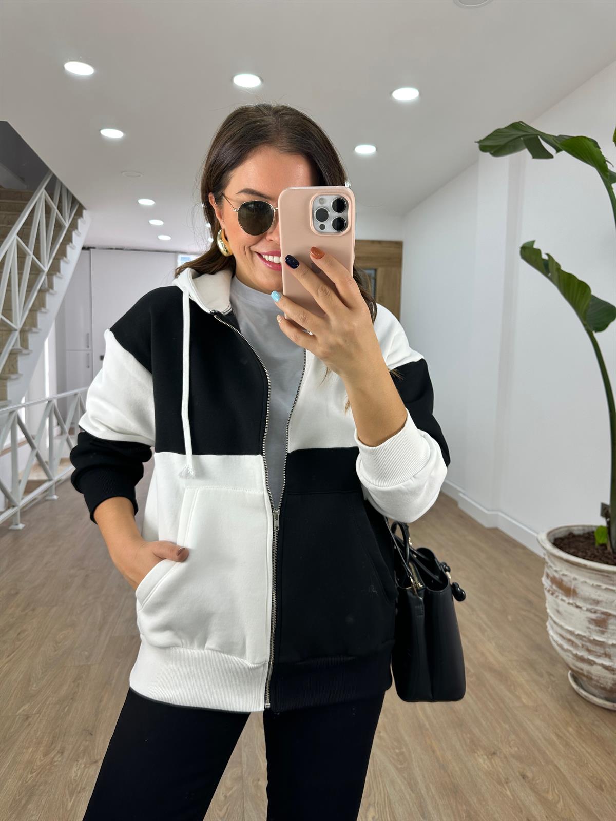 Dama Desenli Önü Fermuarlı Sweashirt